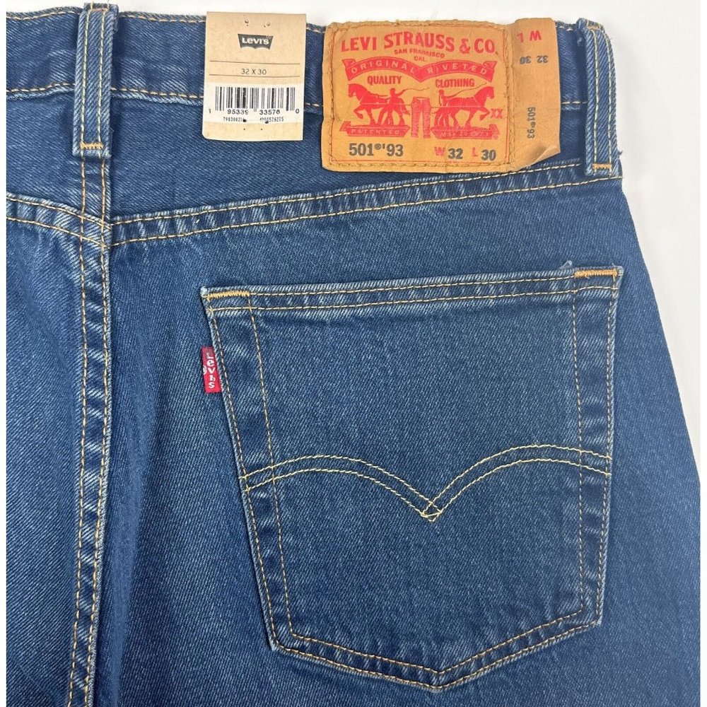 Levis 501 93 Mens 32x30 Straight Leg Dark Blue Jeans Button Fly Stretch Red Tab - Picture 2 of 11